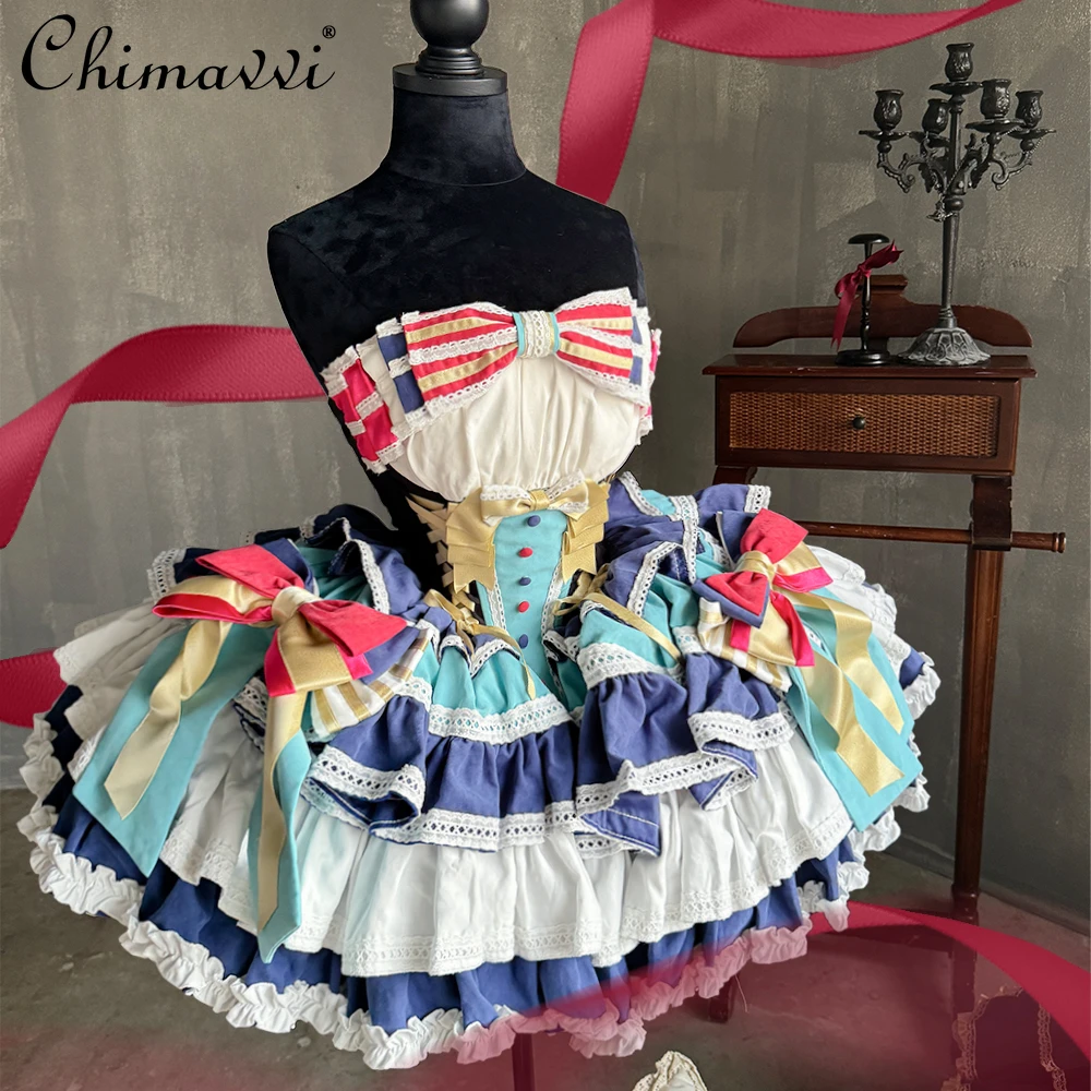 

High-end Sweet Princess Dress Women Spring and Autumn New Lolita Cute Bow Contrasting Color High Waist Girls Fluffy Party Dress