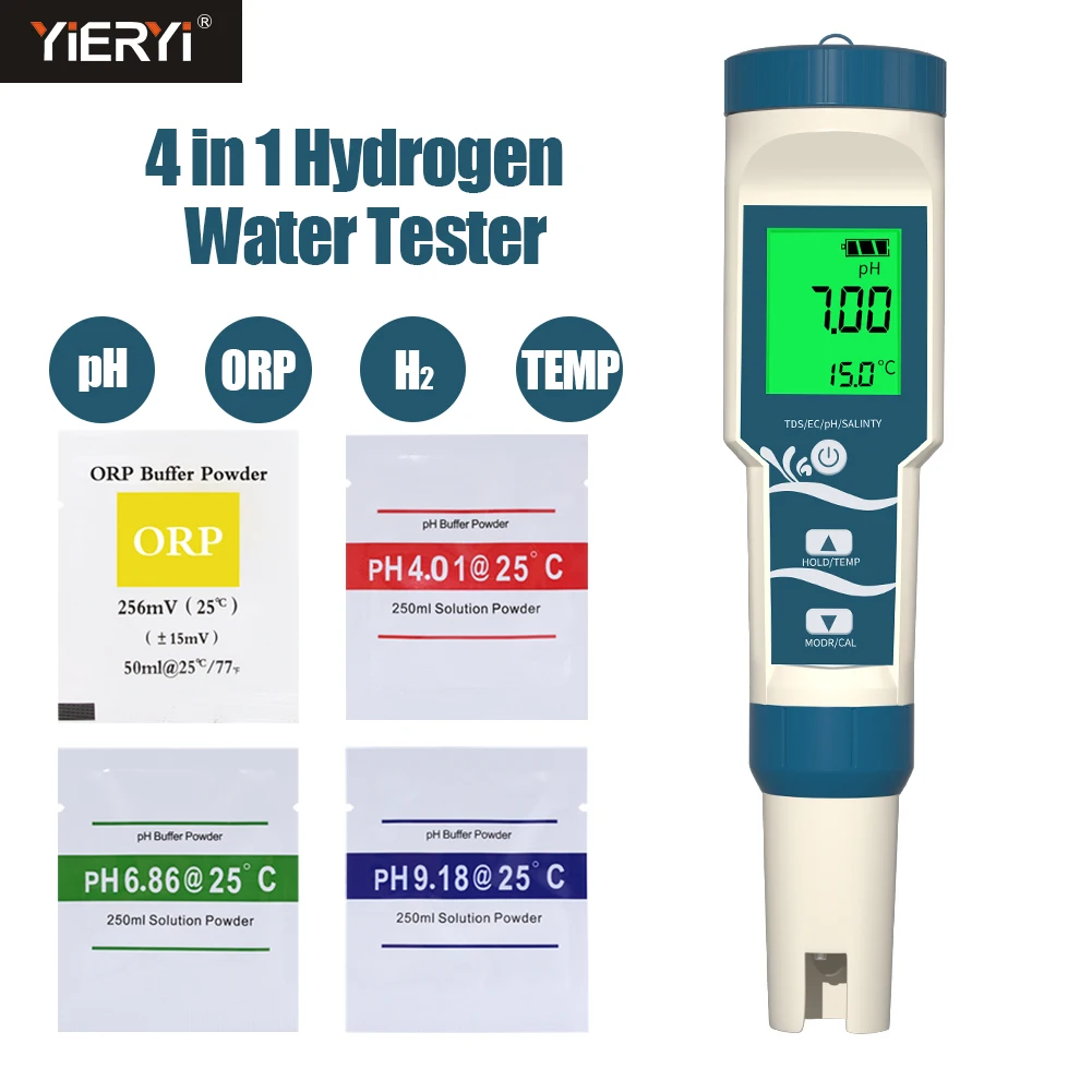 Yieryi Alta Precisão Tester Hidrogênio para Piscina de Água Potável, PH Digital, ORP, Temp, H2, ppm Medidor com ATC, Resolução 0,01