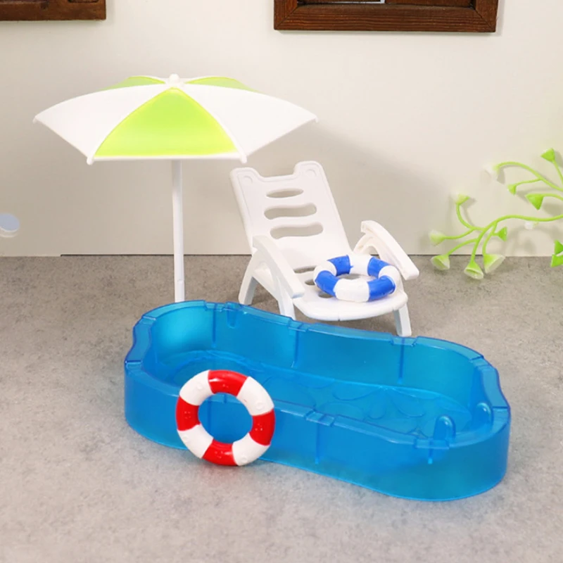 1 conjunto de brinquedos para crianças, casa de boneca, simulação fofa, mini piscina, círculo de natação, cadeira de praia, modelo de decoração diy