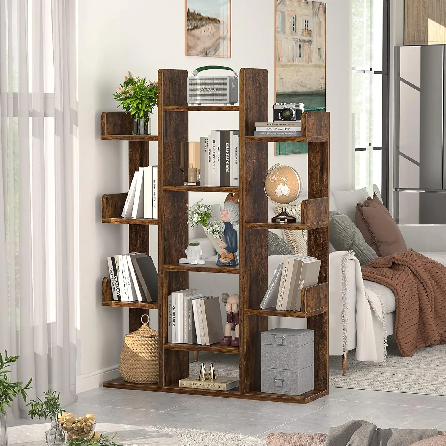 

Bookshelf, Tree-Shaped Bookcase Storage Shelf with 13 compartments, Books Organizer Display Cube Shelves,