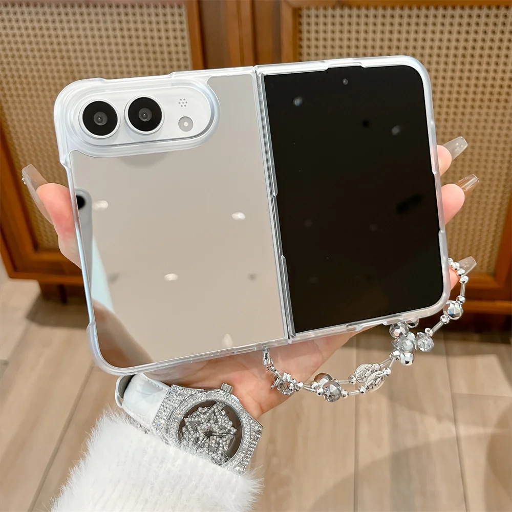 Solid Plain Mirror Phone Case For iPhone Ultra Full Reflective Makeup Mirror Hard Shell With Crystal Bead Chain Shockproof Cover