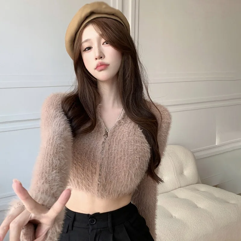 Winter Temperament Gentle Mink Coat Temperament Short Sweater Off Shoulder Zipper Plush Knitted Cardigan Tops