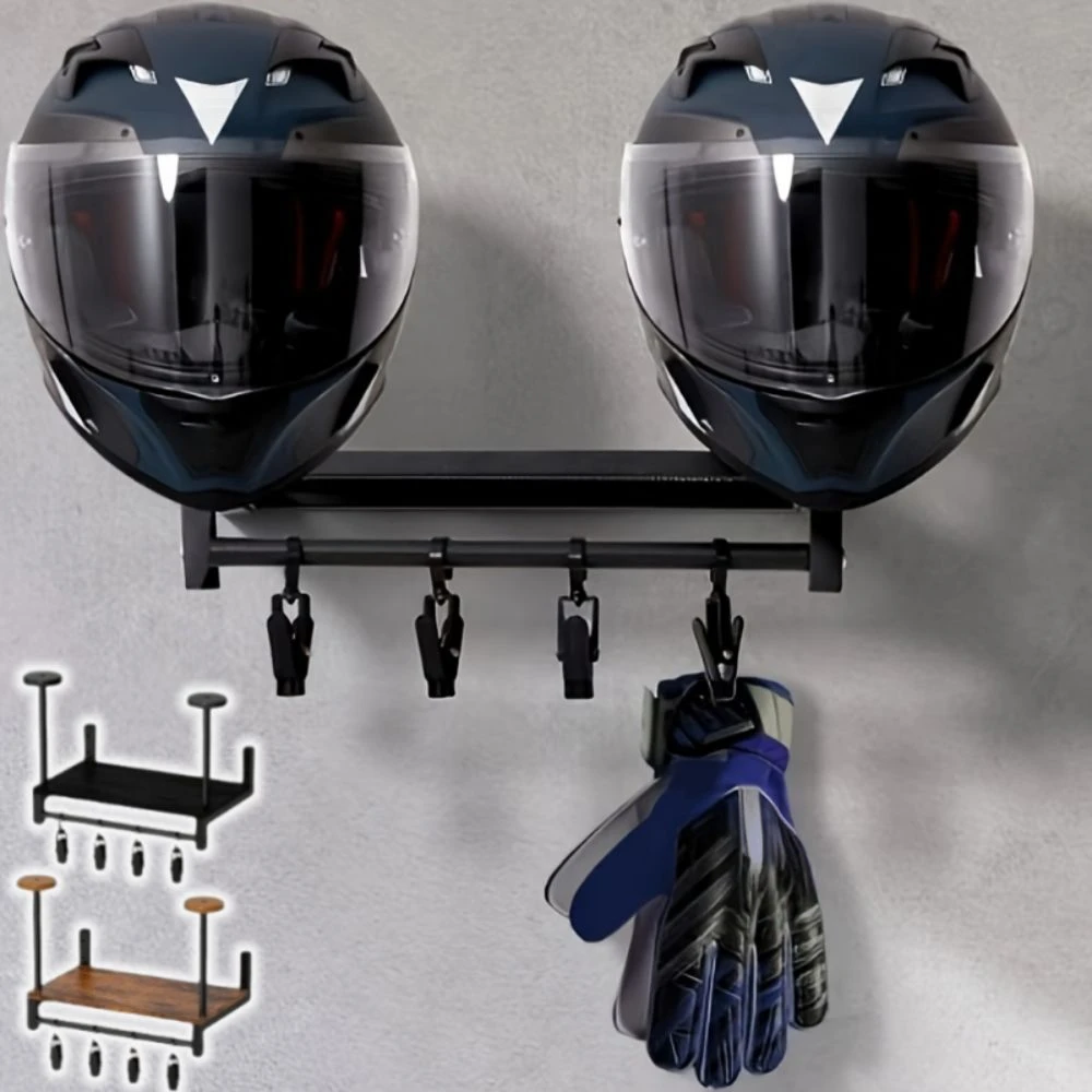 Wall Mount Motorcycle Helmet Rack With Hooks Sturdy Helmet Display Stand Retro Wooden Shelf Cycling Equipment Holder