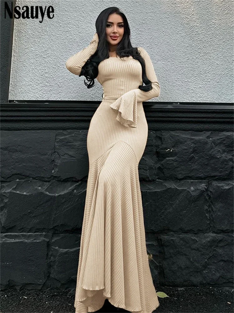 Nsauye Chic Fashion Women Long Sleeve Maxi Bodycon Ribber Knitted Elegant Dress 2024 Winter Party Night Club Casual Dress Outfit