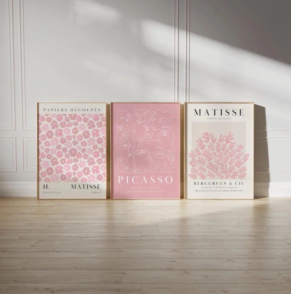 3pc Pink Matisse Print Sets,Printable Digital Downloads Gallery Wall Set Posters Pink Canvas Painting for Living Room Wall Decor