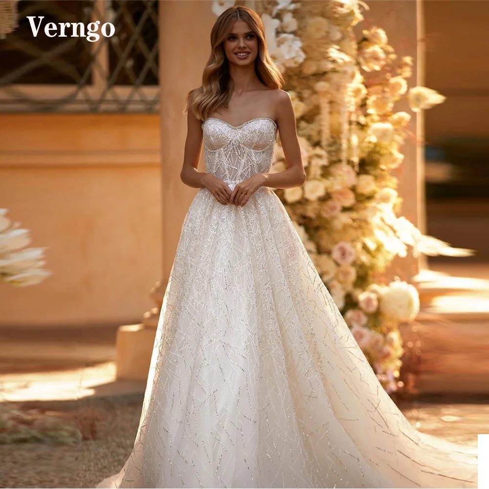 Verngo glitter laço uma linha vestidos de casamento ossos querida moderno trem varredura vestidos de noiva robe de mariage 2022 novo design