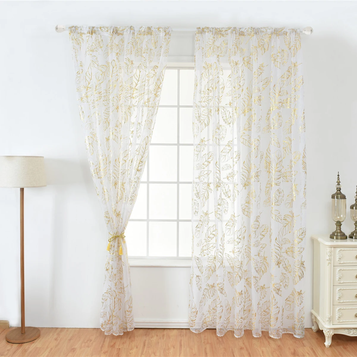 

1 pc Rod Shading Voile Curtain Bronzing Print Sheer Decorative Window Screen Half Shading Tulle Fine Polyester Home
