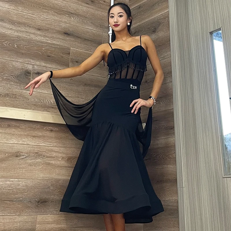 New Ballroom Dance Competition Dress Women Sexy Black Mesh Tops Skirt Adult Waltz Modern Dance Costume Practice Clothes DNV18029