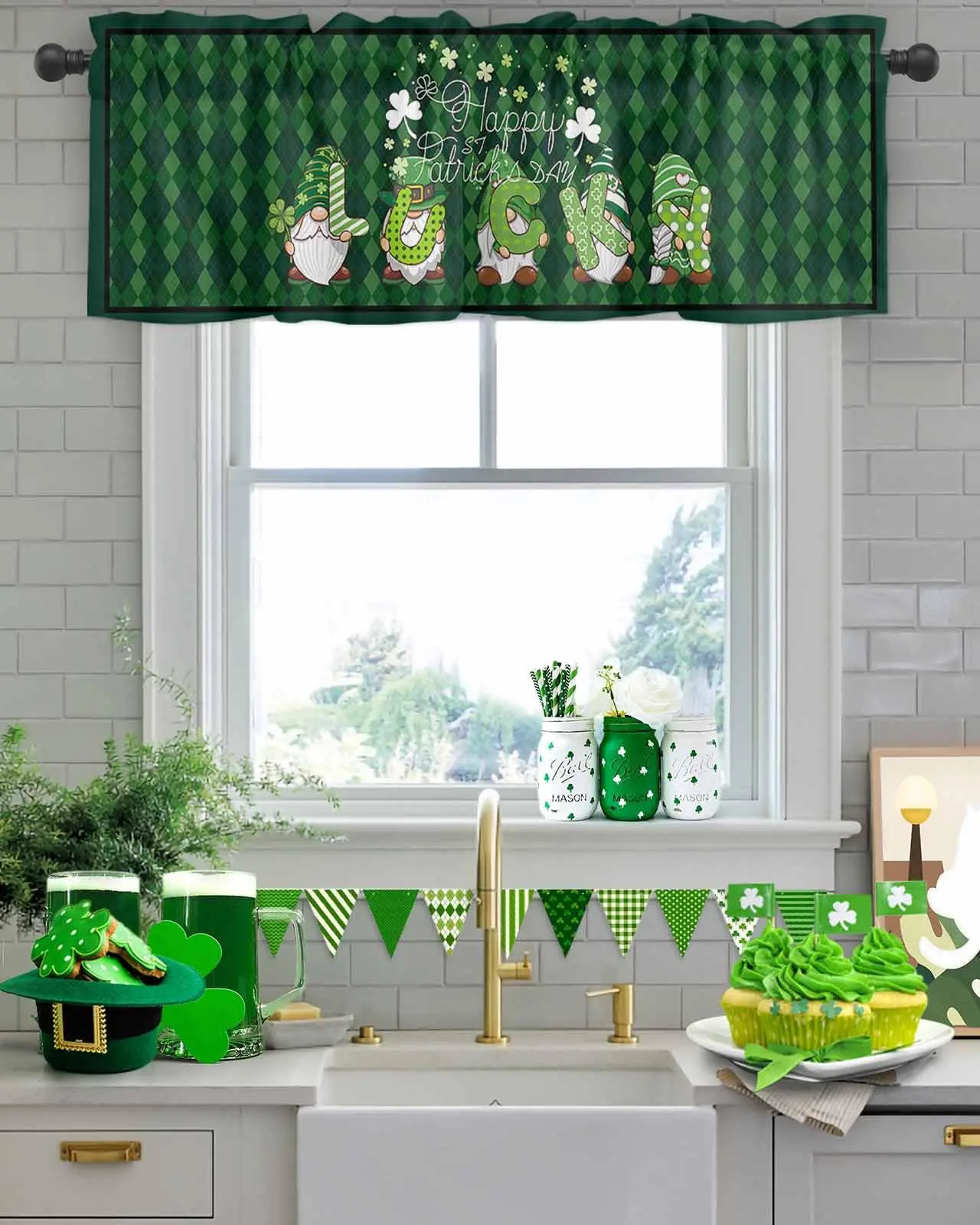 St. Patrick's Day Valances for Windows Gnome Lucky Shamrock Kitchen Curtain Valances Green Stripes Check Plaid Rod Pocket