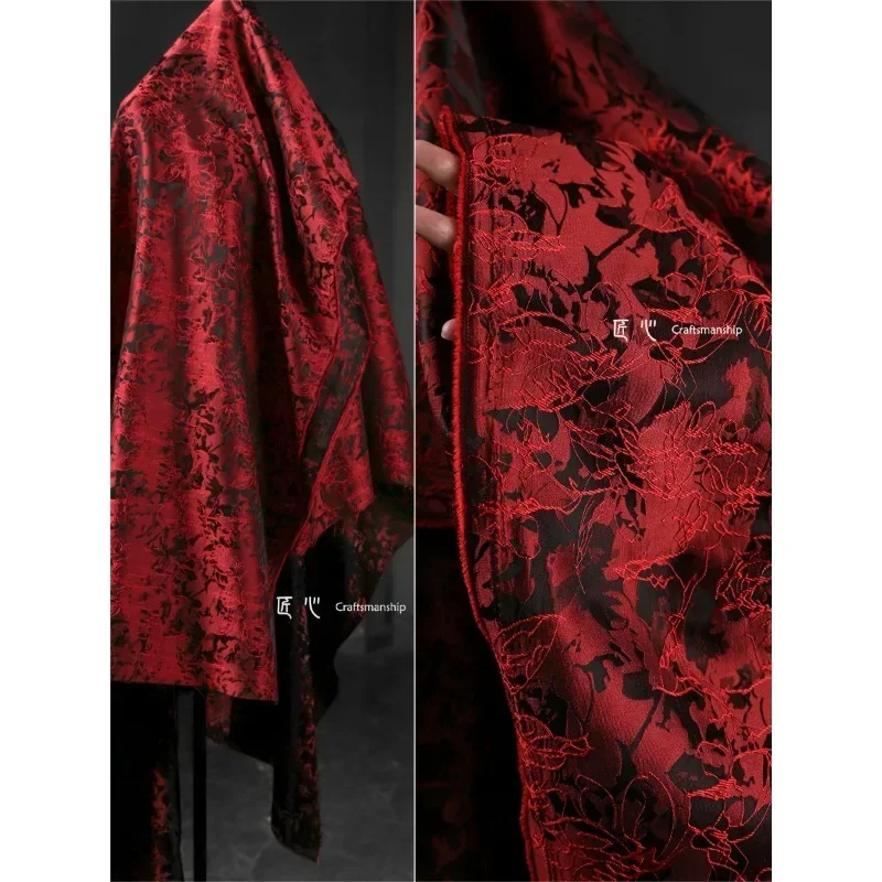 Red Linear Botanical Floral Jacquard Fabric Muscle Embroidery Jacket Suit Skirt Clothing Designer Fabrics - view 2