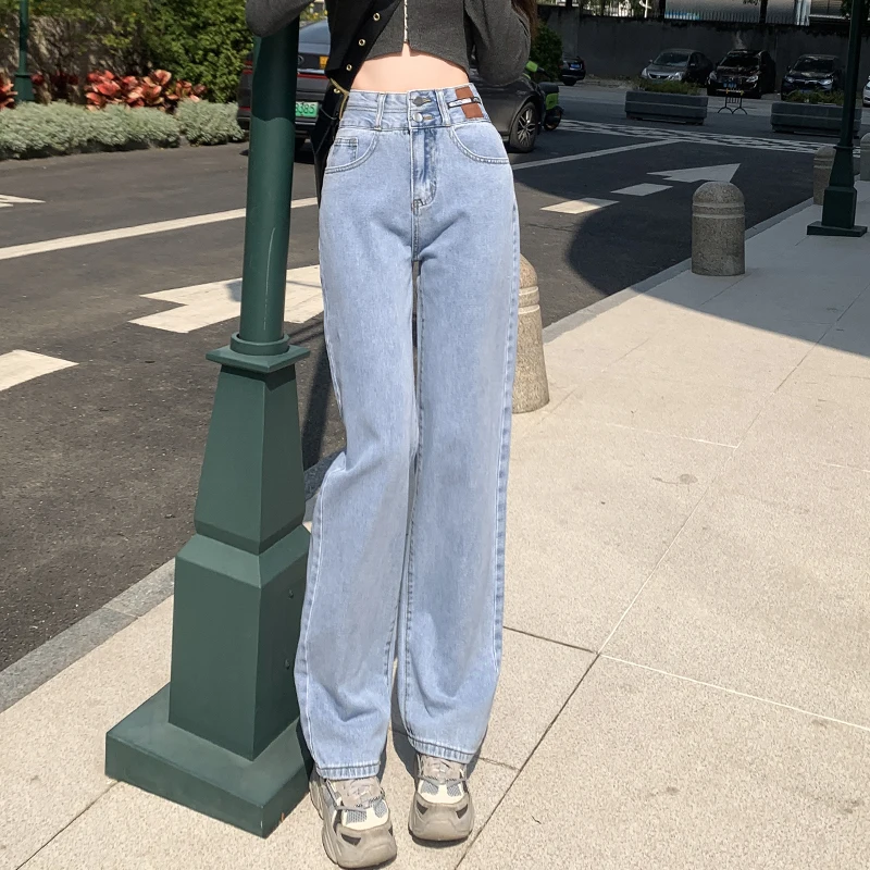 Retro até o chão perna reta duplo breasted jeans para mulher 2025 outono nova cintura alta emagrecimento solto calças de perna larga para wom
