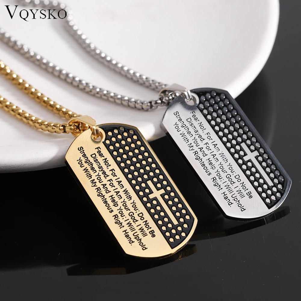 VQYSKO Laser Etched Oil Dropping Cross Letter Necklace Stainless Steel Men's Military Card Hip hop Versatile Personality