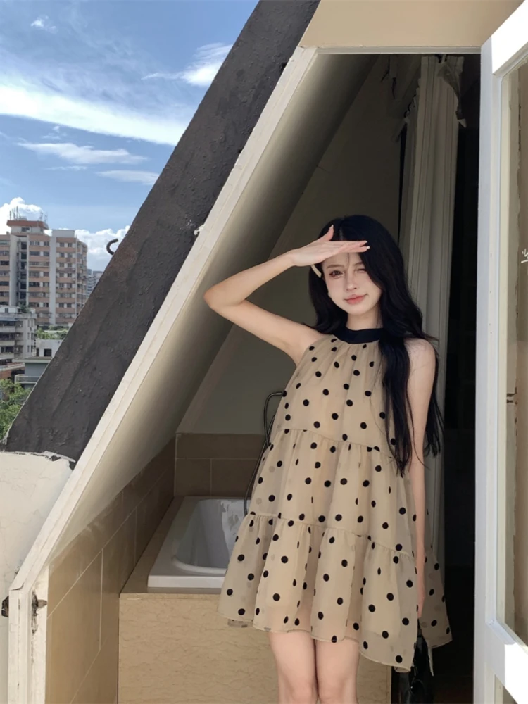 Matakawa Halter Polka Dot Women Dresses Halter Korean Fashion Sweet Loose Vestidos Mujer Spring Summer Loose Retro Mini Dress