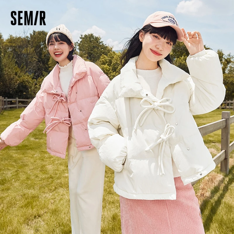 Semir Down Jacket Women Stand Collar Bow Gentle 2022 Winter New Sweet Loose Short Thick Coat