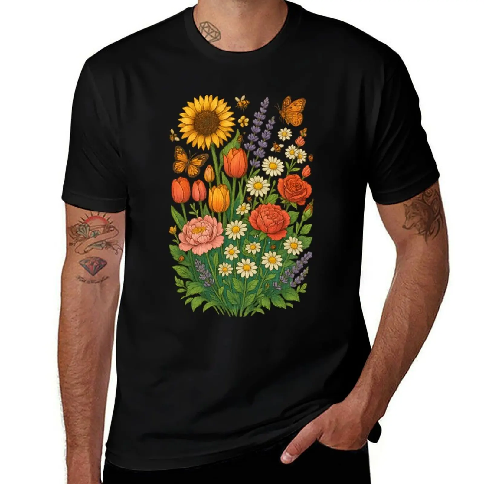 

Colorful Flower Garden Explosion – Botanical Design T-Shirt graphic shirts anime shirt oversized blacks mens fashion
