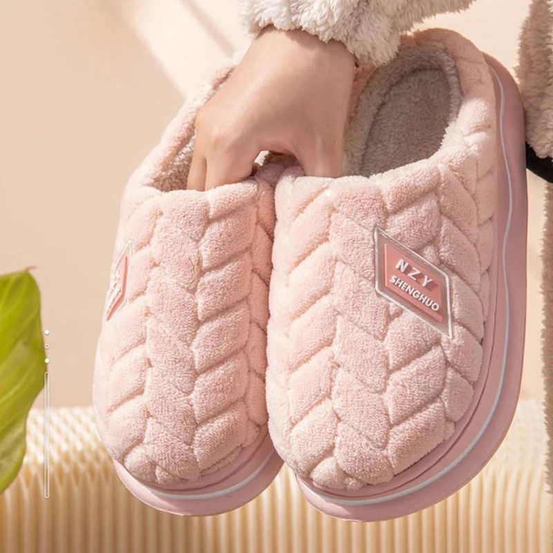 

Striped House Fuzzy Slipper Women Winter Warm Fur Plush Indoor Lazy Female Thermal Furry Home Room Shoe Flat Flip Flop Men Male