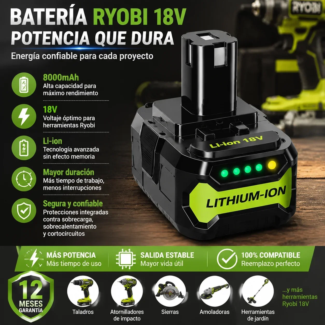 8,0 Ah Ryobi Lithium-Akku, kompatibel mit Ryobi 18V ONE+ Akku-Werkzeugen, passend für die P108 RB18L50-Serie, Hochleistungs-18-Volt-Li-Ionen-Akku