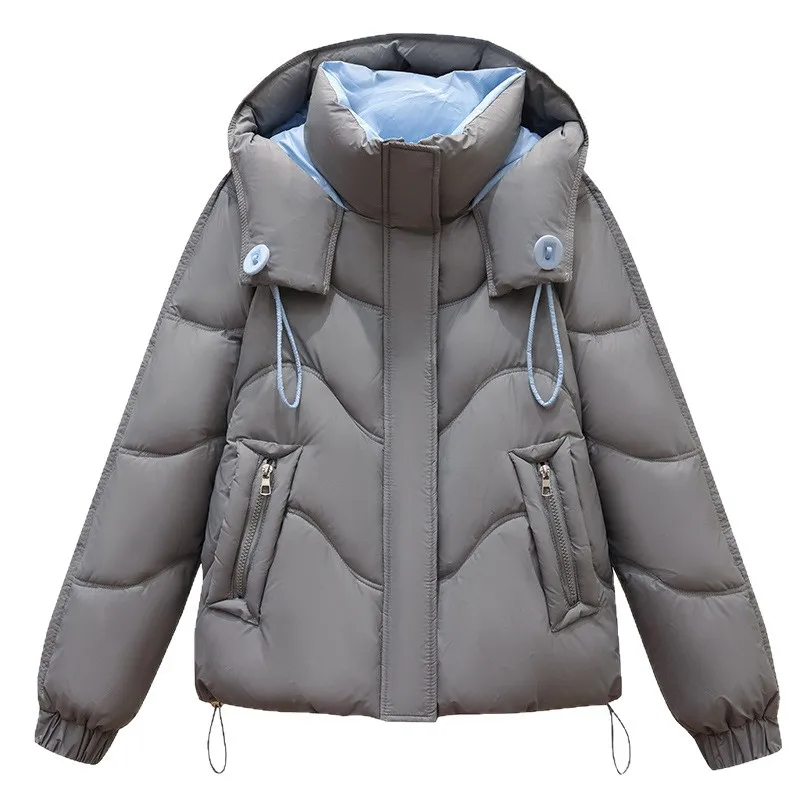 Winter Women's Parka Coat Color Blocked Drwastring Hooded Cropped Lady's Padded Coat Casual Loose Fit Quilted Jacket For Female