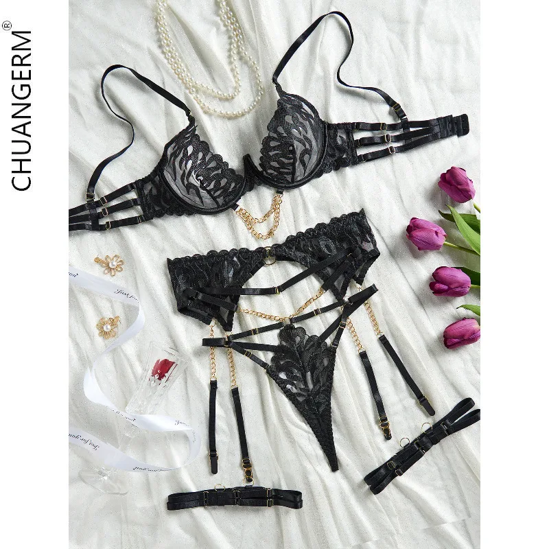 

CHUANGERM Sexy Ligeries Black Flame Embroidery Female Underwear Onlyfan Valentine's Day Lingerie Set Hollow Ribbon Women Erotic