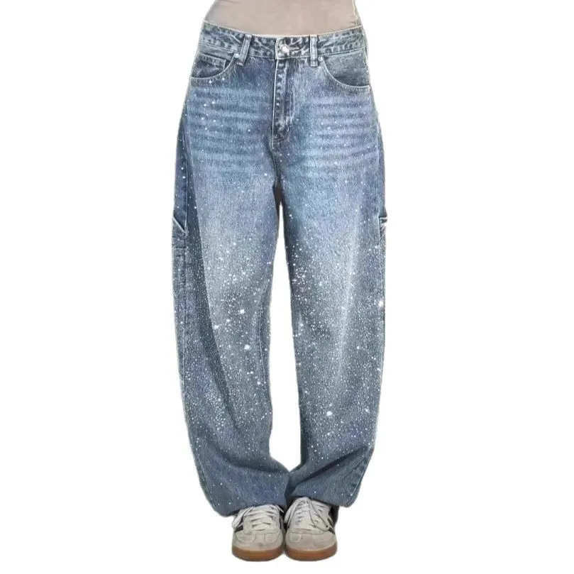 Casual High Waist Jeans Straight Leg Elegant Commuter with Lightweight Rhinestone Embellishment Full Length Spring Women Jeans