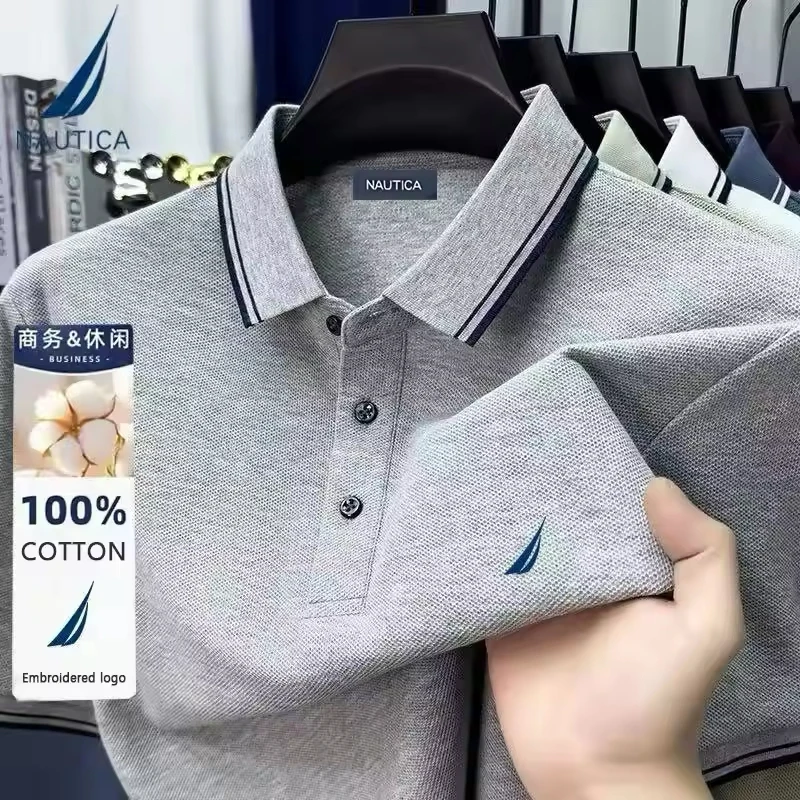 Nautica Men's New Short sleeved Summer Hot Selling Collar Pure Cotton T-shirt Embroidered Polo Top, Outdoor Motorcycle Riding Sh