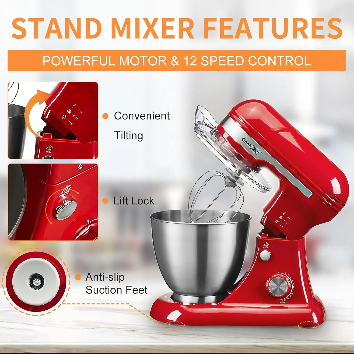 

Electric Stand Mixer, 4.8QT 12 Speeds Tilt-head Food Mixer with Dough Hook, Whisk, Beater, Wild Red