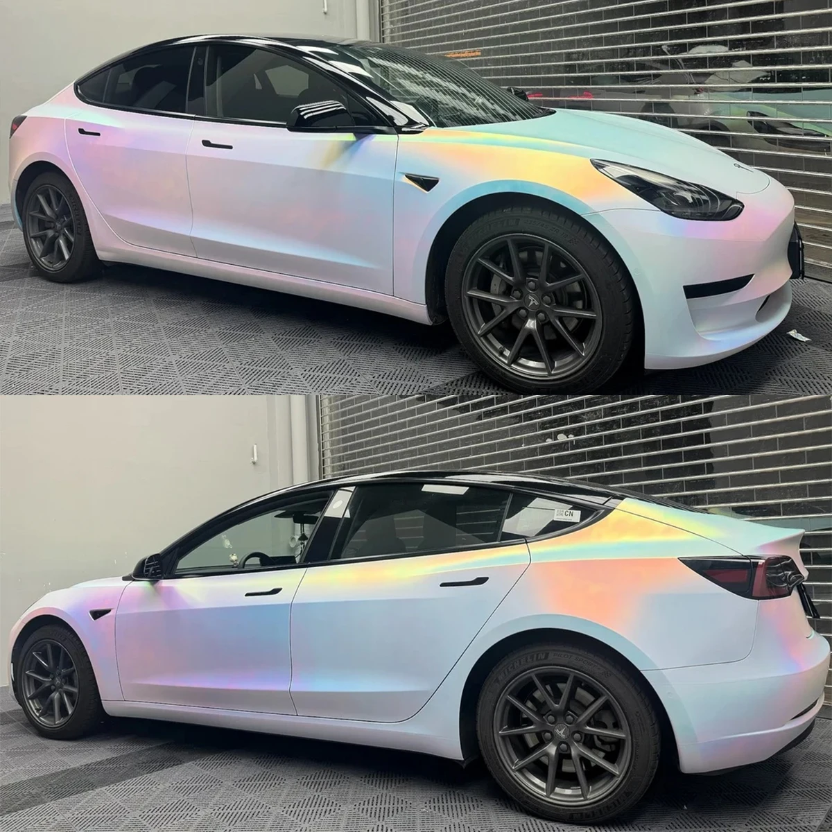 1.35*18M Matte Iridescent Holographic Rainbow Chrome White Vinyl Wrap Roll Color Shift Adhesive Decal Film Car Wrapping