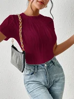 Spring/summer women's bodysuit tops short-sleeved crewneck T-shirts wavy jacquard trims stretch fabrics - Image 3