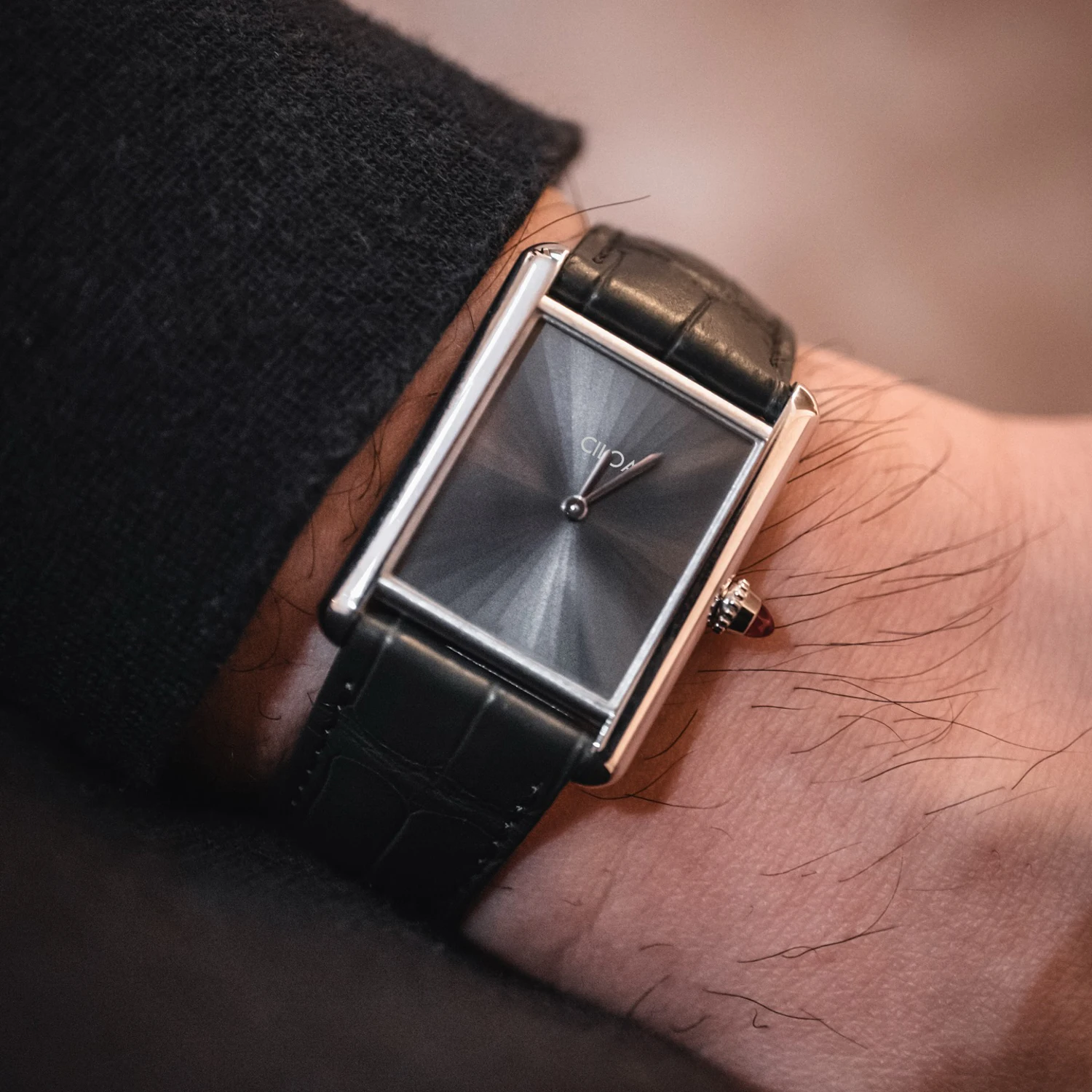 CILOA-Men Quartz Watch Vintage Square Grey Sunburst Dial Crocodile Texture Leather Strap Minimalist Business Wristwatch-568