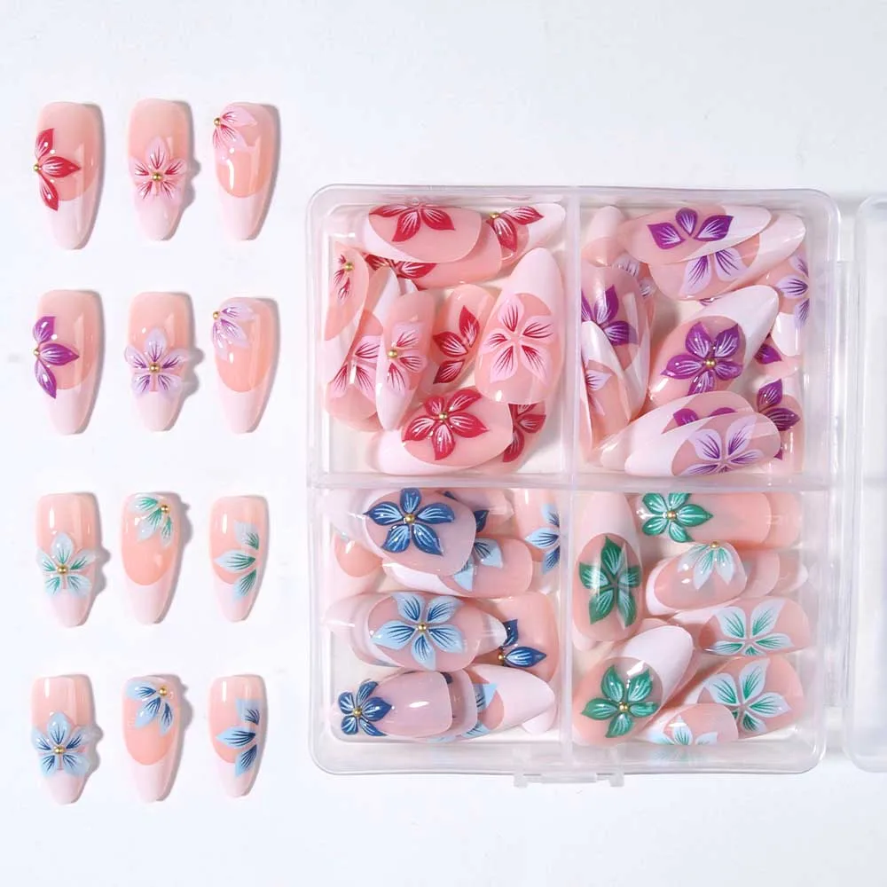 24pcs Almond 3d gel flower white French Tip Press On Nails , Fit Perfectly Acrylic False Nail set,contain 1pcs Jelly Glue and 1p view 6