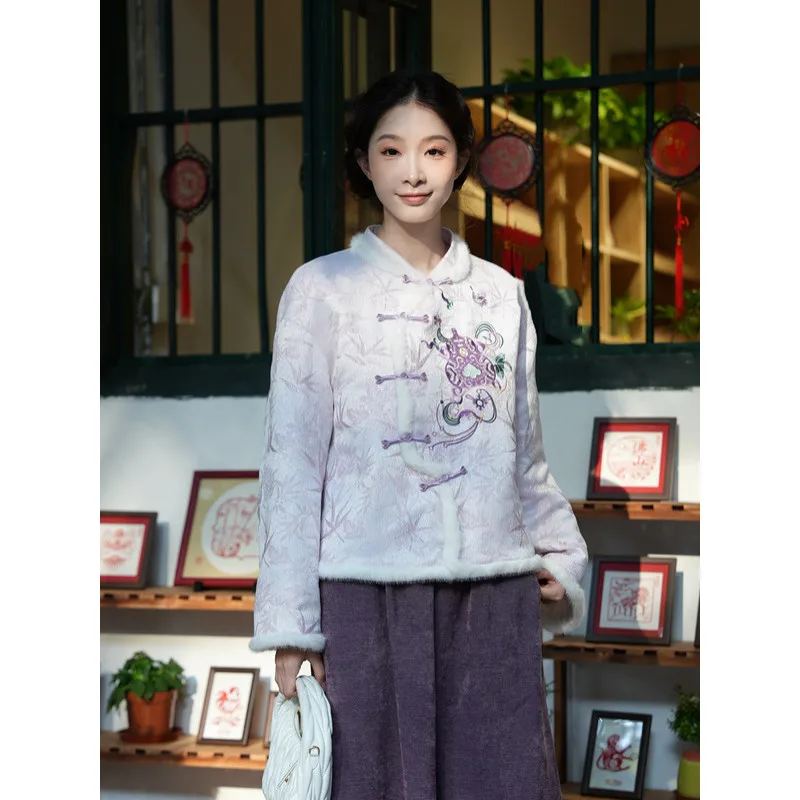 

2026 Chinese Style Velvet Snow-Reflecting Dai Plush Patchwork Jacket
