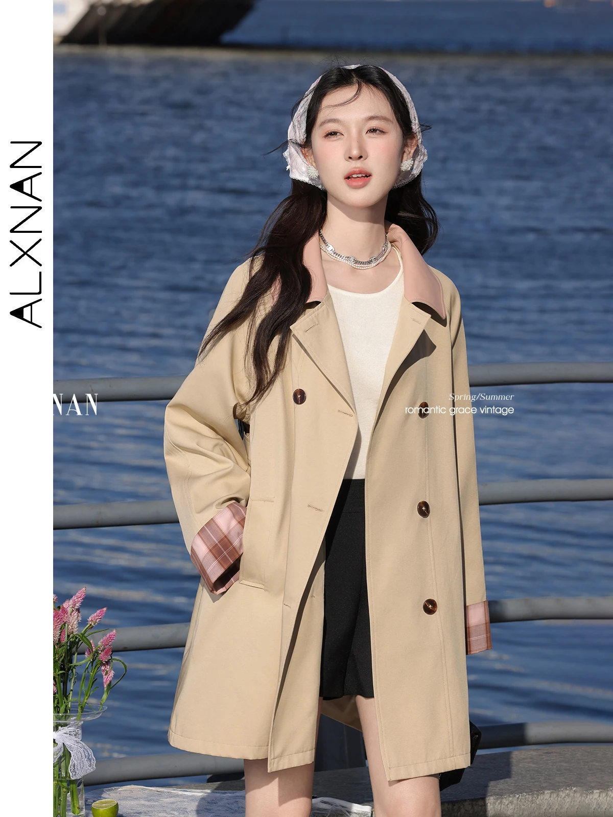 

ALXNAN Khaki Mid-length Women's Trench Coat 2025 Spring Color Matching Windbreaker Casual Commuter Elegant Coat Ladies L52912