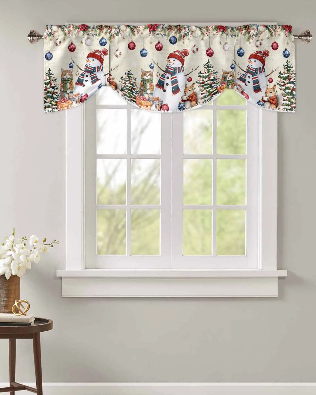 Christmas Tree Snowman Cat Squirrel Snowflake Ball Short Window Curtain Kitchen Cafe Cabinet Tie up Drapes Bedroom Home Decor