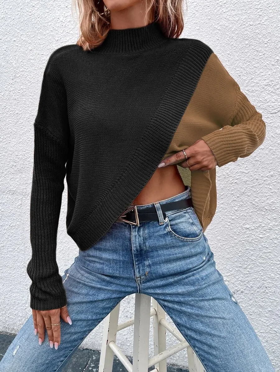 سترة نسائية فضفاضة ذات لون سادة وياقة واقفة وأكتاف منسدلة وأكمام طويلة وحاشية غير متماثلة، للخريف/الشتاء #3