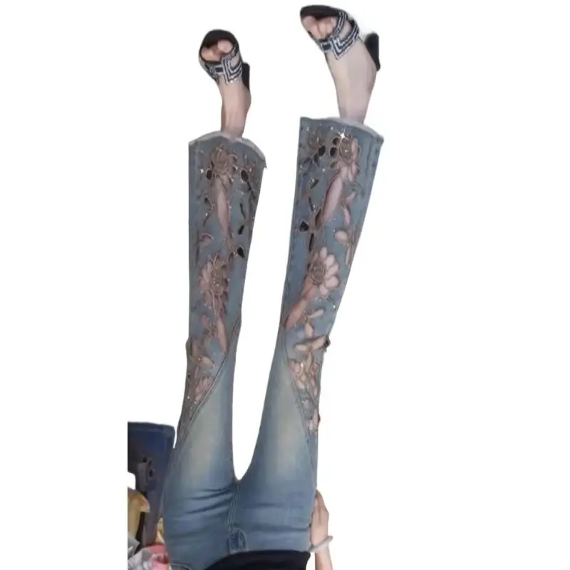 Summer 2026 New Fashion Hollowed-out Embroidered Brick Jeans for Women, High-waisted, Form-fitting 9-inch Slightly Flared Pants