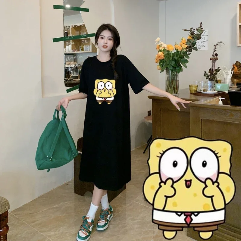 

Miniso Губка Боб футболки платье Губка Боб Печать 40-90 кг одиночный Стиль Женщины Серый цвет толстый большой размер короткий рукав свободная юбка