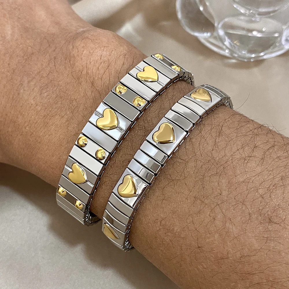 Vintage Stainless Steel Elastic Chunky Bracelets for Women Men Golden Star Heart Adjustable Watchband Bangles Waterproof Jewelry