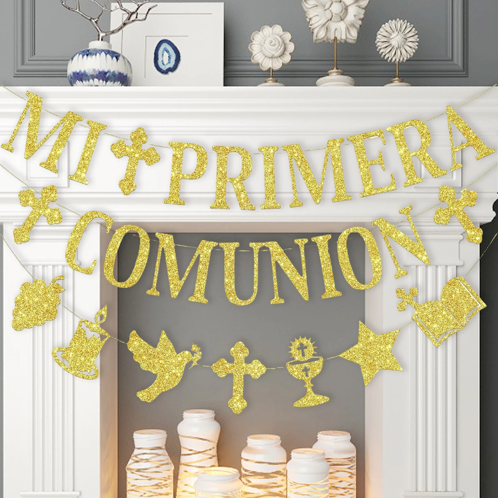MI Primera Comunion Decoracion Banner, First Communion Decorations MI Primera Comunion Banner, Glitter Gold First Communion