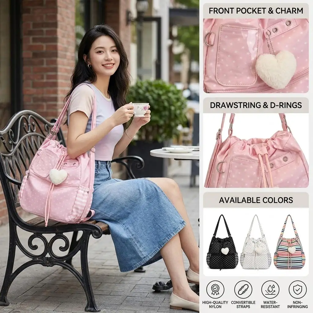 Aesthetic Shoulder Bag Star Print Drawstring Strap Y2k Canvas Backpack Cute Plush Ball Tote Pack Female Student School Carryall