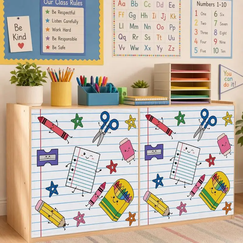 VIKAMA Cartoon Stationery Self Adhesive Cabinet Curtain No Drill Kids Storage Shelf Dust Cover Nursery Decor