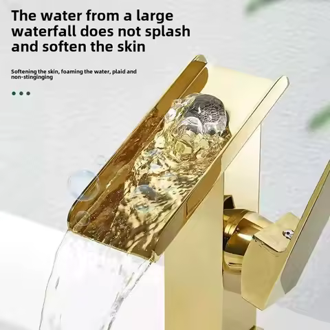 Gold And Black Waterfall Washbasin Faucet Bathroom Vessel Basin Faucet Single Handle Hot and Cold Faucet Deck Mounted