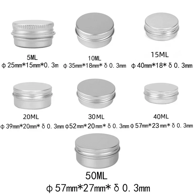 10Pcs 5g 10g 15g 20g 30g 40g 50g Sliver Aluminum Tin Cans Round Tea Candle Cosemtic Jar Lip Balm Containers Box With Screw Lid