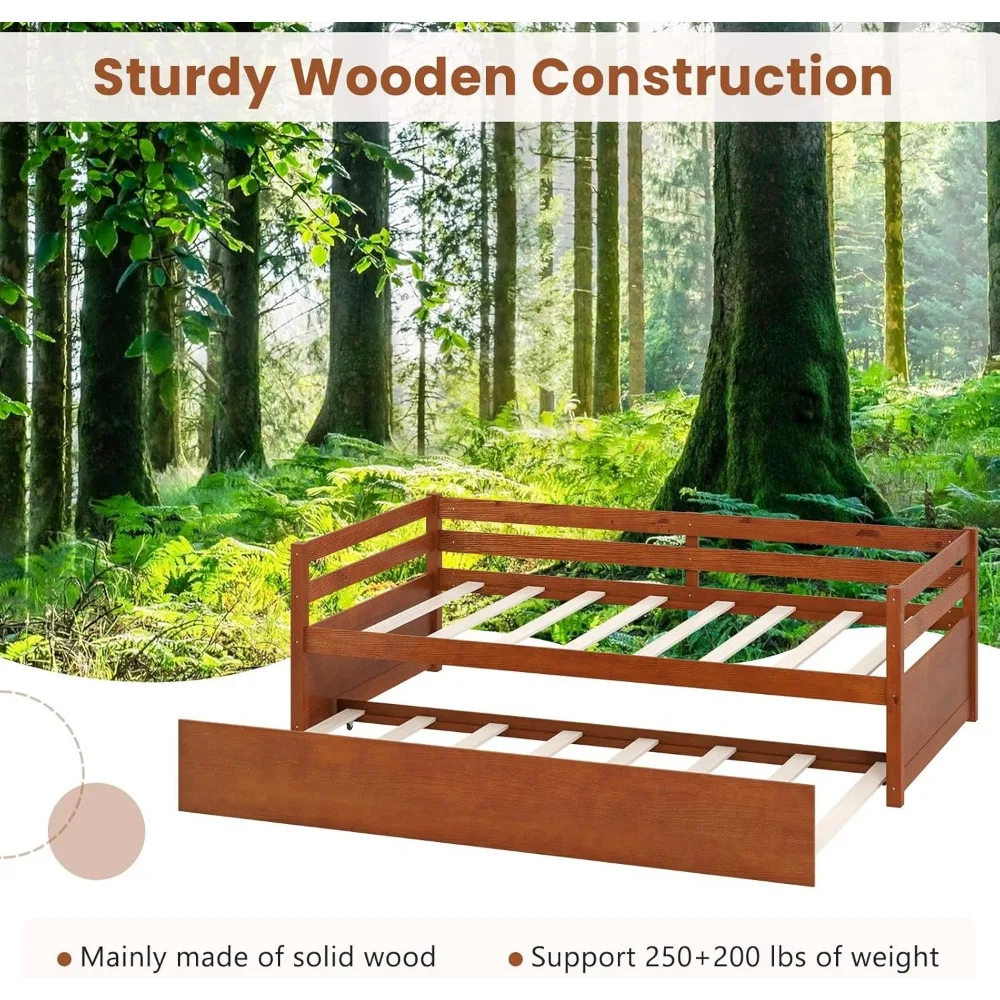 Twin Daybed with Trundle, Wood Trundle Bed with Wood Slat Support, Mid Century Day Bed Frame for Living Room Guest Room