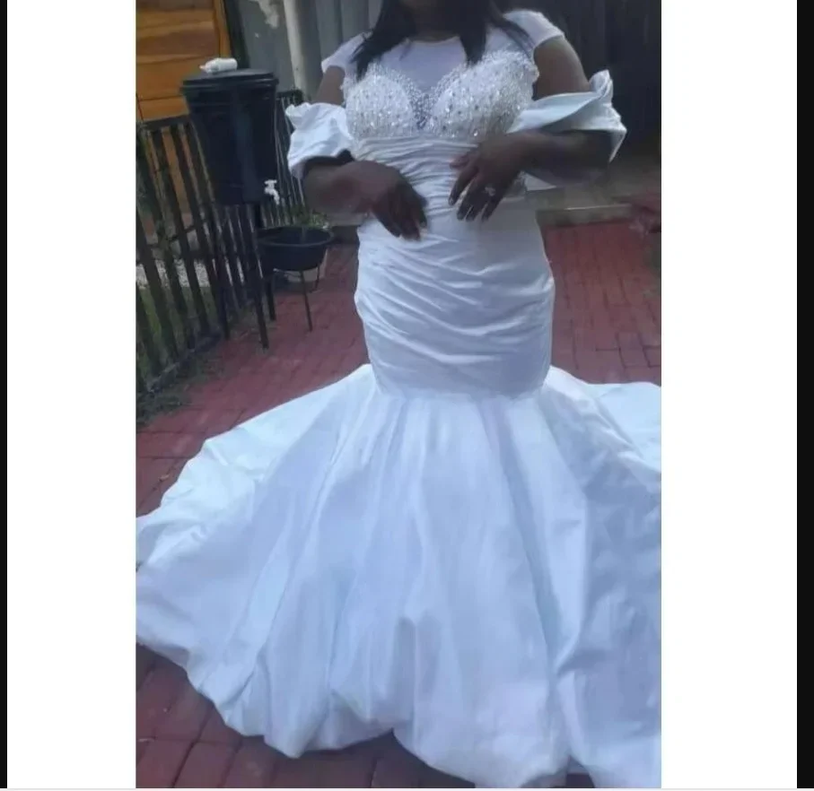Customized African Off the Shoulder Sparkly Pearls Mermaid Wedding Dress Vestidos Noivas Satin Pleats Country  Bridal Gowns