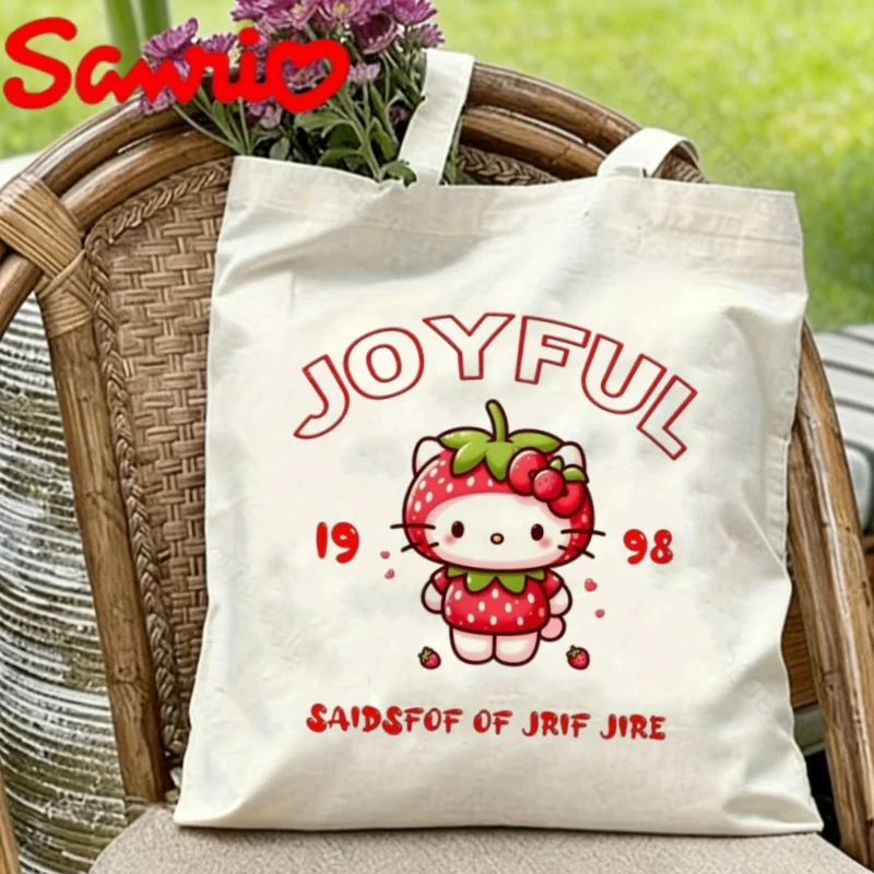 

1PC Sanrio Hello Kitty Canvas Tote Bag Double-sided Strawberry Costume Print Eco-friendly Reusable Shoulder Bag