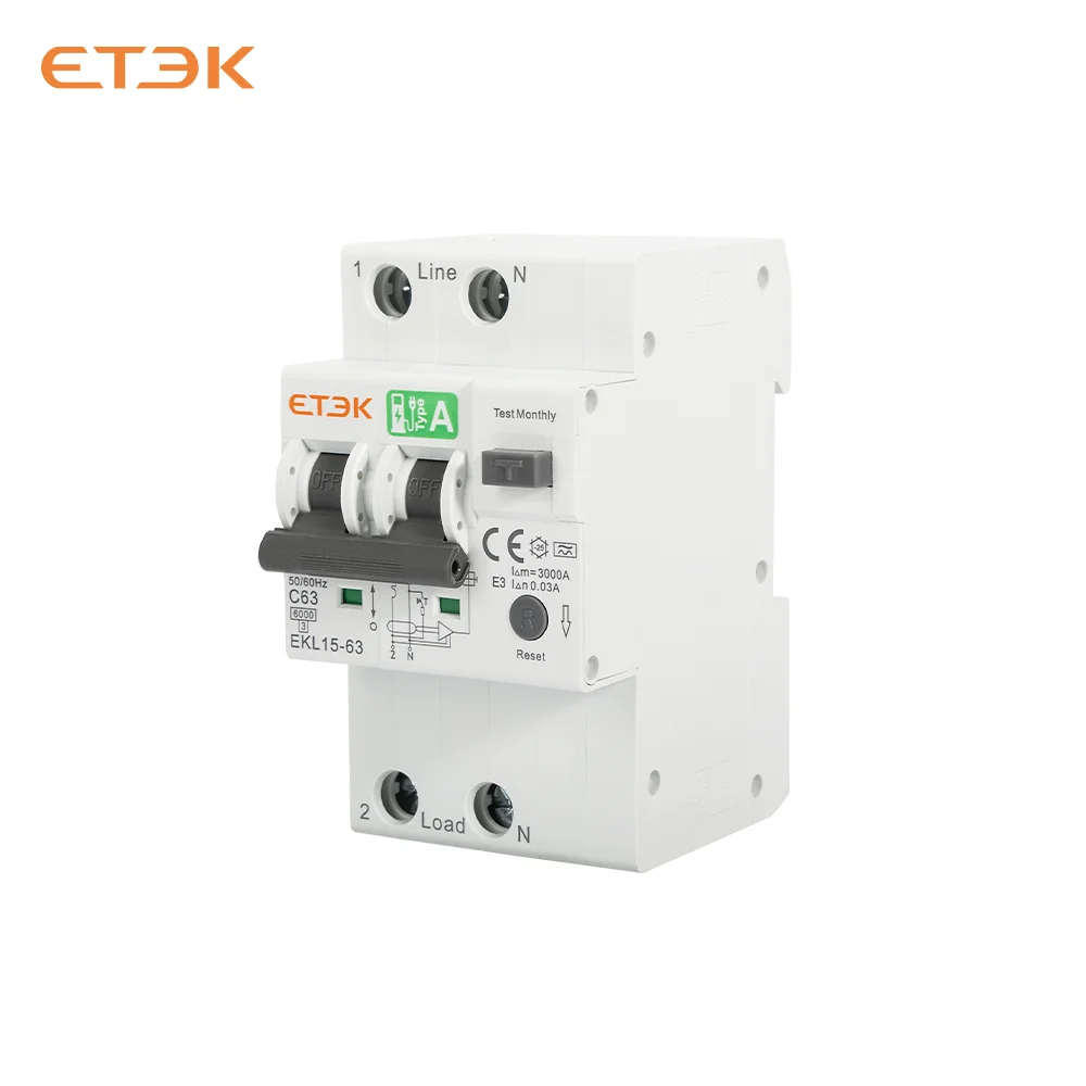 ETEC Atype RCBO 40A 63A Защита от перегрузки по току и утечки RCBO 6kA 2p Автоматический выключатель остаточного тока EKL15