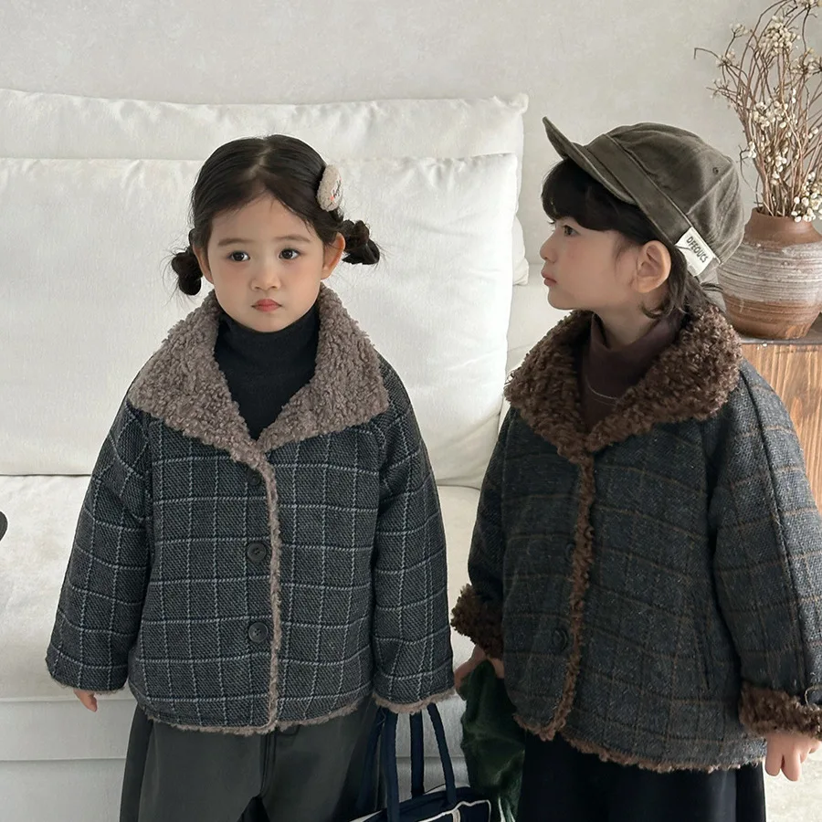 Children Girls Woolen Coats Winter Fleece Turn Down Collar Kids Baby Girls Parkas Thicken Warm Plaid Jackets For 1-8 Years Girls