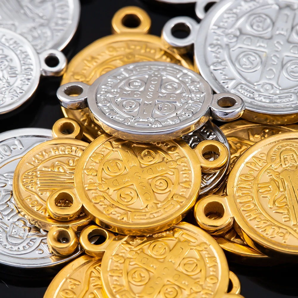 Ciondolo rotondo a doppio foro con croce in acciaio inossidabile da 5 pezzi per collana fai da te, connettore per bracciale, accessori per la creazione di gioielli religiosi