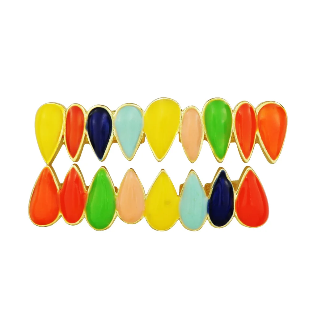 Tapas de Grillz de dientes puntiagudos para hombres y mujeres, parrillas de encanto superior e inferior, regalo de joyería, aceite de goteo multicolor, CZ, Hip Hop