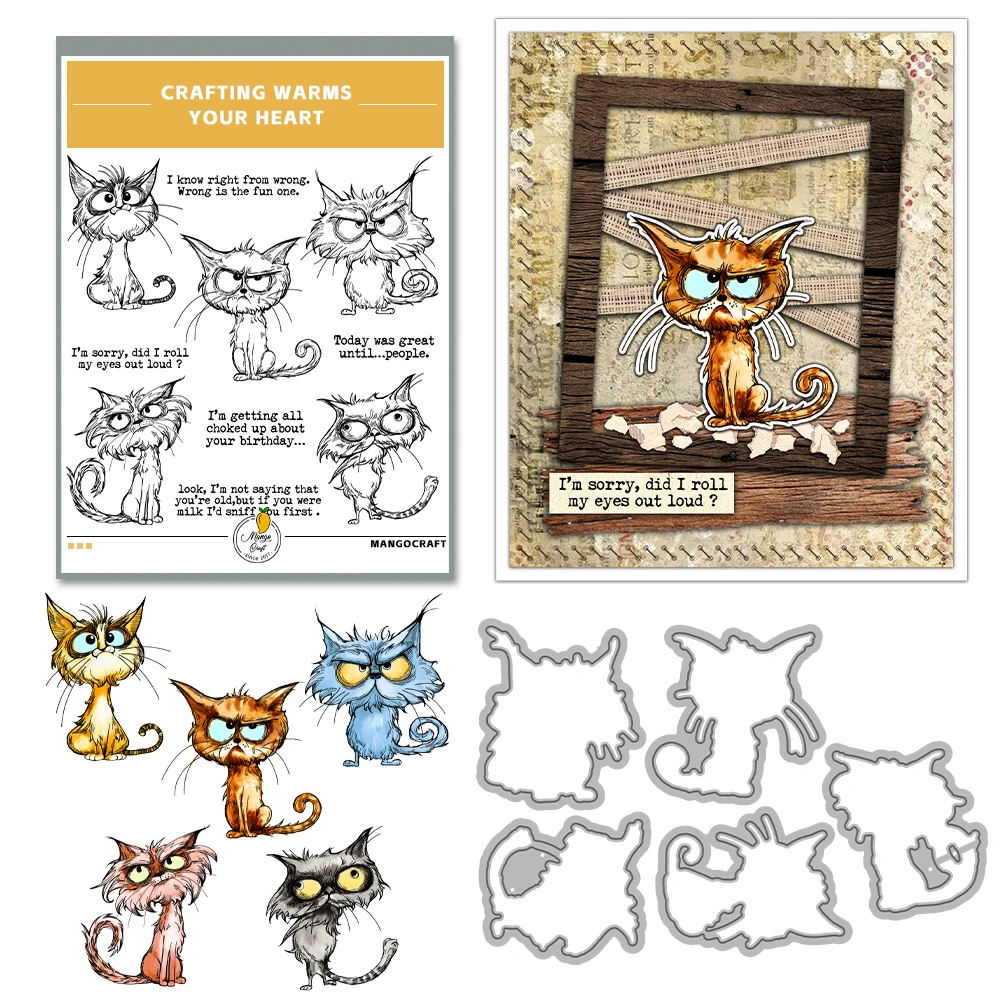 Mangocraft Cute Funny Angry Cats Pet Cutting Dies Clear Stamp DIY Scrapbooking Metal Dies Silicone Stamp Cards Albums Decor